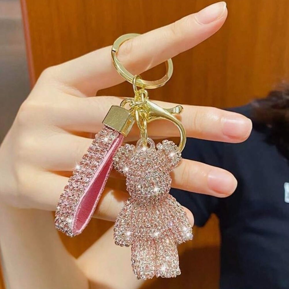 Sparkling Pink Bear Keychain / Bag Charm with Gold Accents